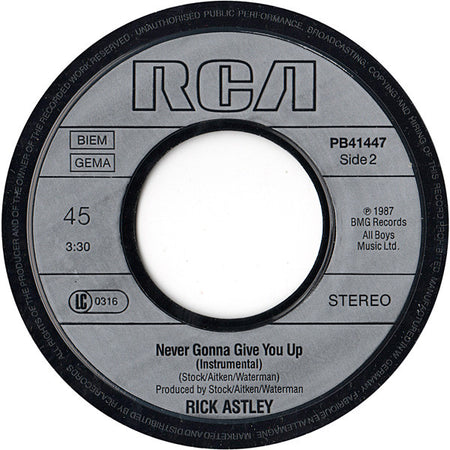 Rick Astley : Never Gonna Give You Up (7", Single)