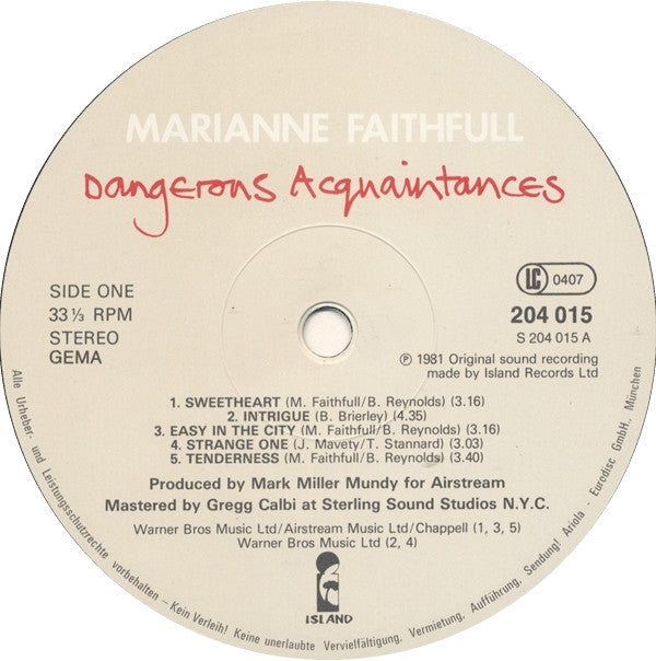Marianne Faithfull : Dangerous Acquaintances (LP, Album)