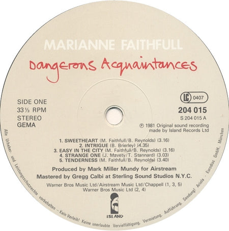 Marianne Faithfull : Dangerous Acquaintances (LP, Album)