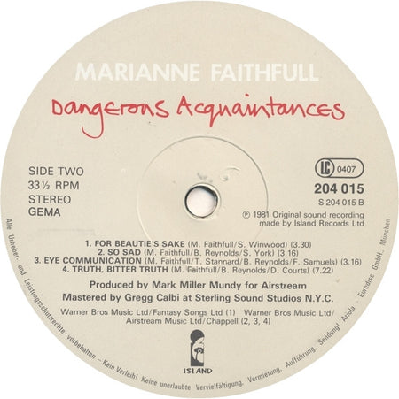 Marianne Faithfull : Dangerous Acquaintances (LP, Album)