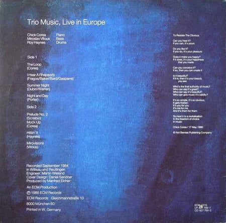 Chick Corea, Miroslav Vitous, Roy Haynes - Trio Music, Live In Europe (LP) (Near Mint (NM or M-))