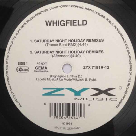 Whigfield - Saturday Night (Holiday Remixes) (Maxi-Single) (Very Good Plus (VG+))