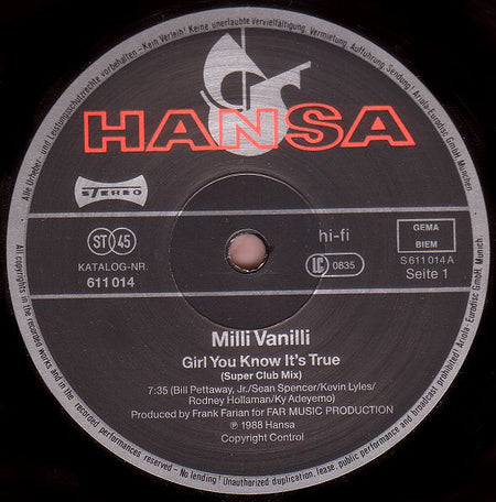 Milli Vanilli : Girl You Know It's True (12", Maxi)