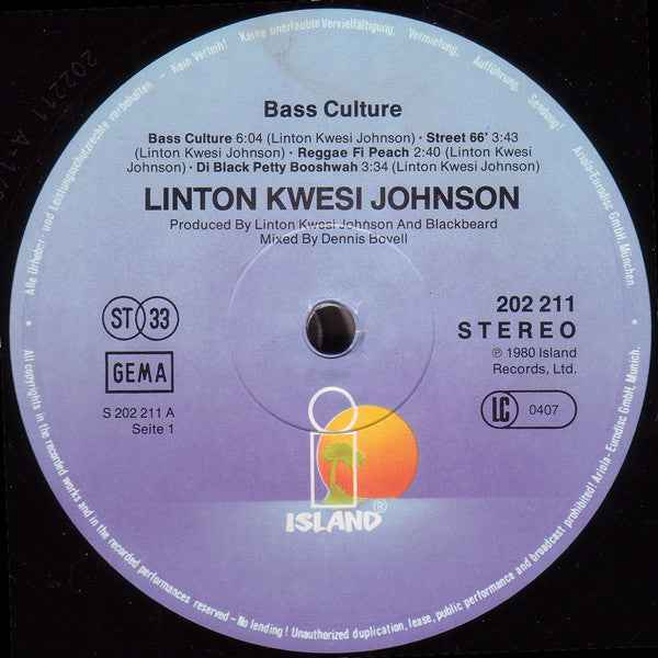 Linton Kwesi Johnson - Bass Culture (LP) (Very Good (VG))