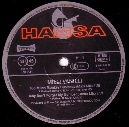 Milli Vanilli : Baby Don't Forget My Number (12", Maxi)