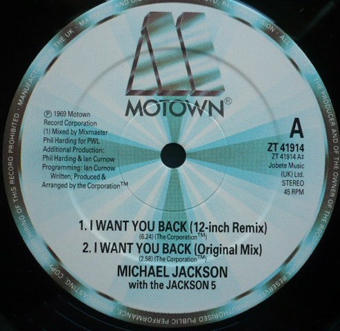 Michael Jackson With The Jackson 5 : I Want You Back '88 Remix (12", Single)